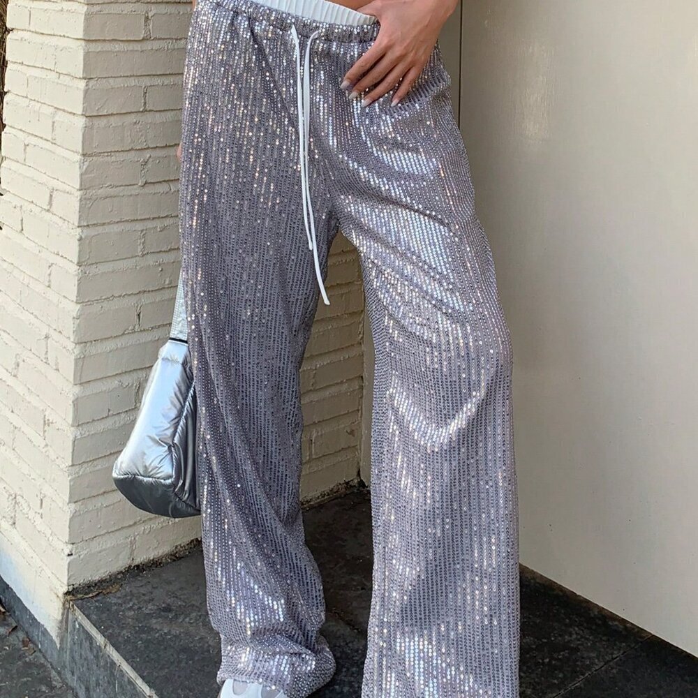 Silver Party Women's Patchwork Front Tie Casual Pants